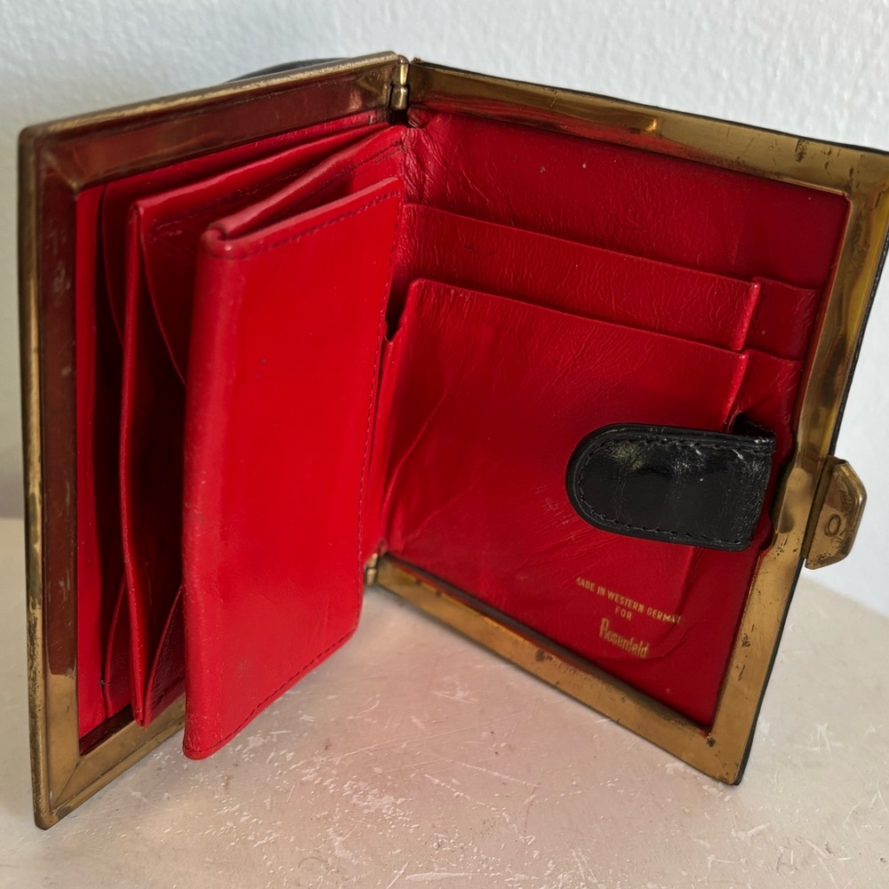 Rosenfeld Black Leather Billfold Kiss Lock Change Purse Rare Red Lining W German